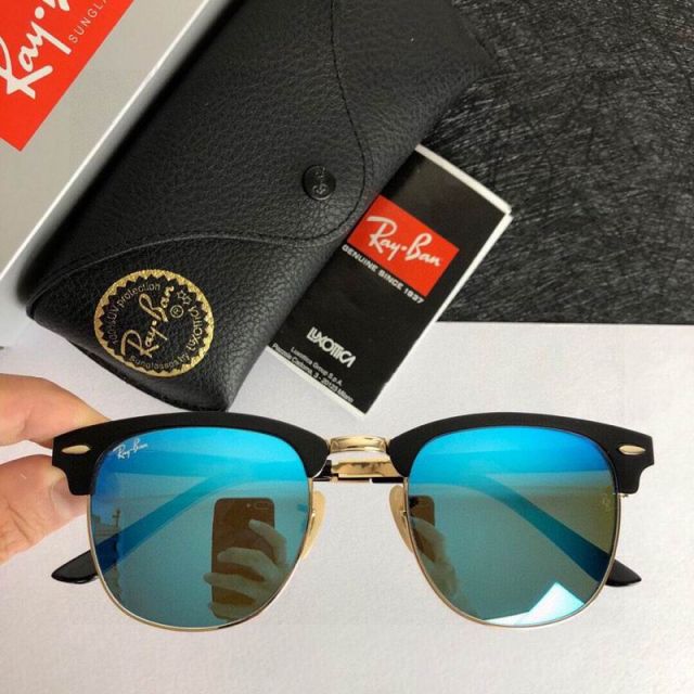 Ray Ban RB3716 Clubmaster Sunglasses Black Gold Frame Mirror Blue Lens