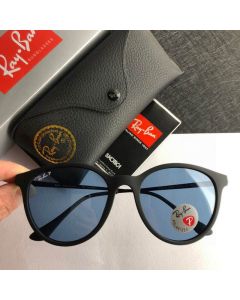 Ray Ban RB4334D Round Sunglasses Matte Black Frame Blue Polarized Lenses